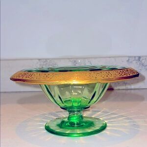 Mayonnaise Compote Vintage Tiffin Gold Rambling Rose Overlay Green Glass 6.75” W